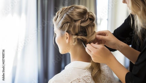 Professional hairdresser doing hairstyle of young woman in beauty salon