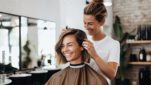 smiling hairdresser doing haircut for woman in beauty salon