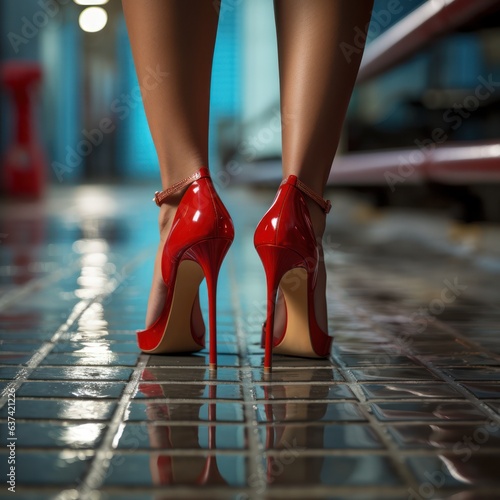 close up legs of woman in red stilettos shoes 