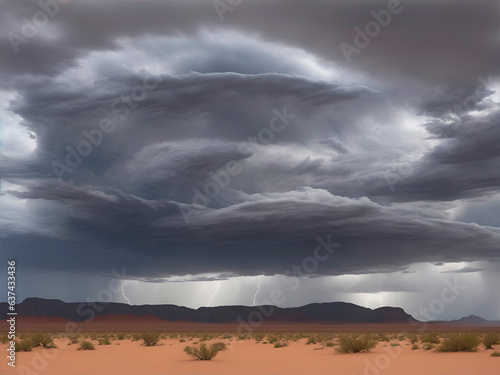 Paisaje de un cielo cargado de nubes en medio del desierto. Vista de frente. Copy space. IA Generativa