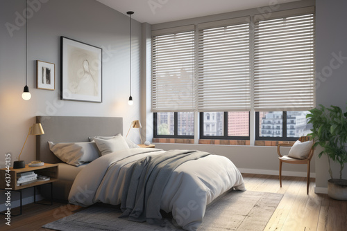 Bedroom with smart blinds that open gradually, simulating a natural sunrise
