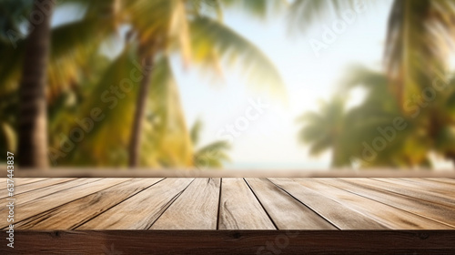 Empty wooden table offers views of the sea, tropical beach and palm leaves. Bokeh light of calm sea and sky at beach district background. Space for displaying products, showcases, Generative Ai.