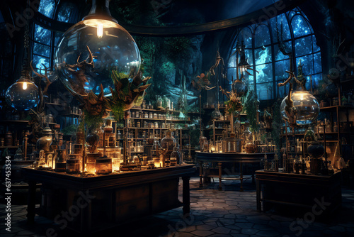 Generative ai collage image picture of alchemist lab with potion cauldron for making magical dark spell