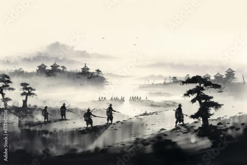 Stunning dawn scene in fog with silhouetted samurais on the historic Sekigahara battlefield, delivered in modern ink wash style and muted tones.