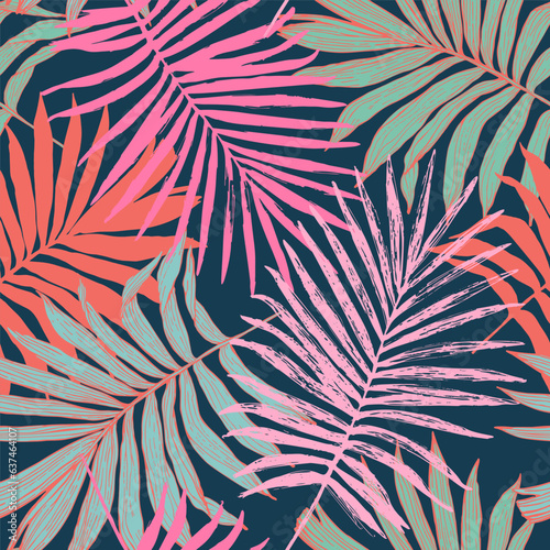 Colorful tropical leaves seamless pattern. Summer palm leaf background.