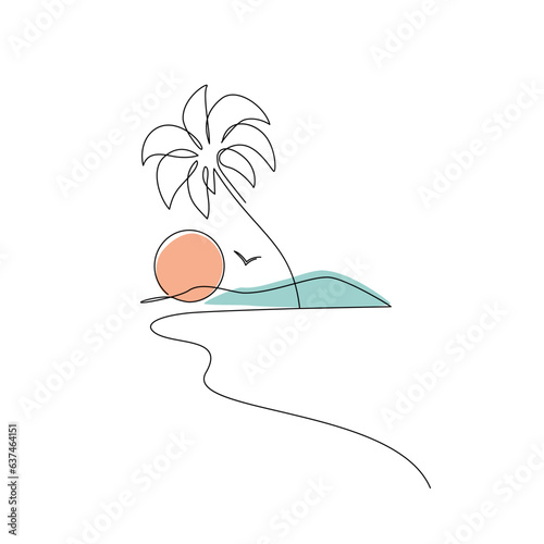 Abstract tropical landscape continuous art line with mountains, sea, coconut palm tree