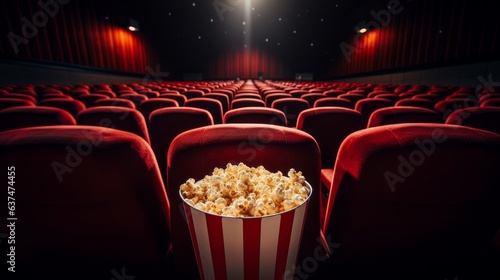 Interior of empty cinema with rows of red seats with cup holders and popcorn. Concept of entertainment. 3d rendering toned image generative ai