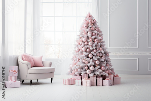 Salon lujoso decorado con arbol de navidad rosa. ilustracion de ia generativa