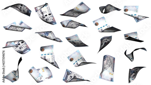 3D rendering of 500 Saudi Arabian riyal notes flying in different angles and orientations isolated on white background 