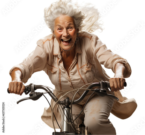 Szczęśliwa stara kobieta jedzie na rowerze. Widok z przodu, przeźroczystość, png.