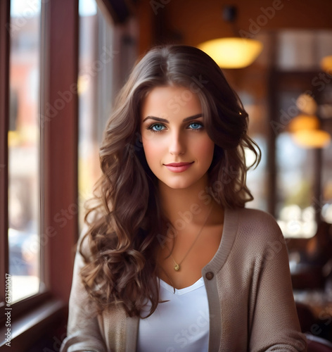 Beautiful brunette with long layered hair and blue eyes sitting in a restaurant
