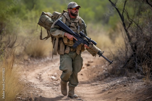 shot of a ranger walking with his tranquilizer rifle