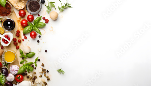 food, fruits and vegetables on white board with copy space background