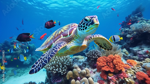 coral reef with turtle and fish
