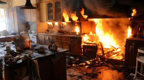 Une cuisine en feu dans une maison.