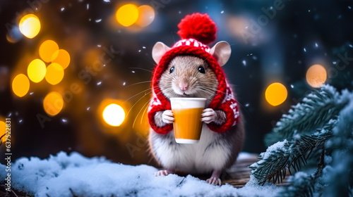 A cute little mouse in a knitted hat drinks cocoa in a snowy forest against the backdrop of color lights and a festively decorated forest with firs.Generative AI