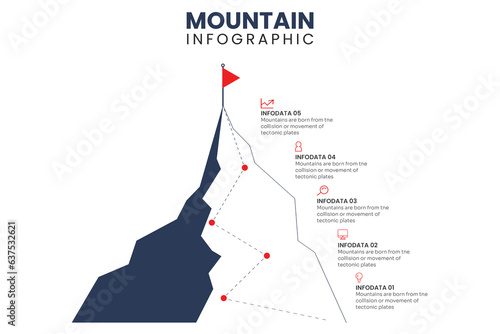 Mountain journey path. Route challenge infographic career top goal growth plan journey to success. Business climbing concept 