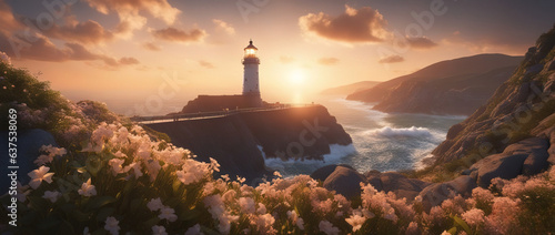 Waves of an ocean beating against a cliff on which there is a beautiful lighthouse against the backdrop of a sunset sky with clouds. Impressive and dynamic landscape. Flower field in foreground.