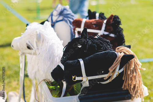 Hobby horsing competition on a green grass, hobby horse riders jumping, equestrian sport training with stick toy horses in a summer sunny day, equipment for hobbihorsing