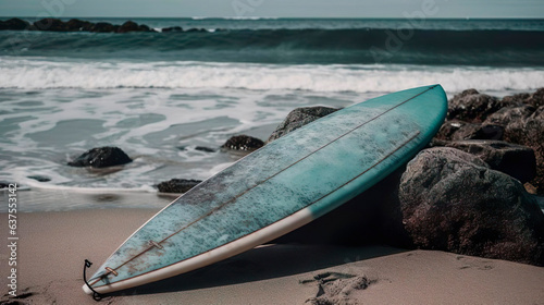 Surfing. Vintage wooden surfboard longboard on beach. Retro style. Extreme summer water sport, travel, surf school, surf camp. Active lifestyle.