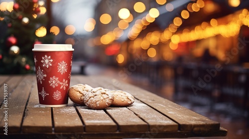Merry Christmas and happy holidays, a cup of hot drink and cookies on the background of the lights of the Christmas market. AI design