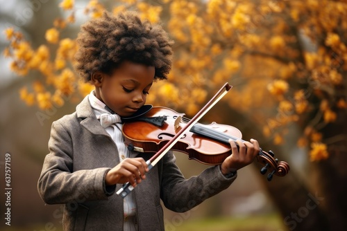 A young boy playing a violin in a park. Generative AI.