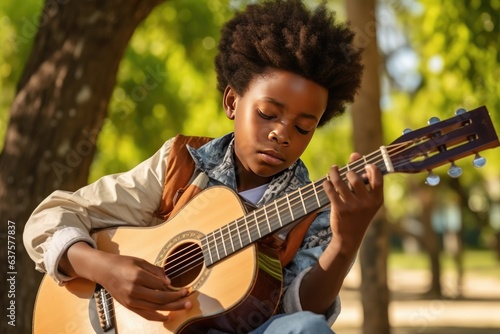 A young boy playing a guitar in a park. Generative AI.