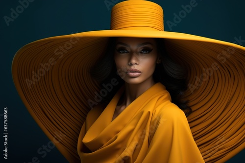 Portrait of a chic African-American woman in a stylish yellow dress and a huge yellow hat.