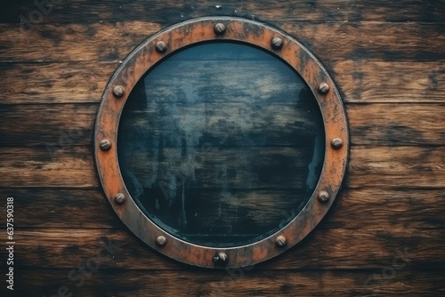 Close-up of an old rusty closed empty porthole window