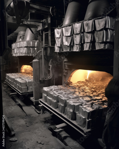 A clinker oven full of bright shimmering metal ingots. The clinker oven is an essential part of the aluminum production process where workers stoke the fire and raise and lower the temperature