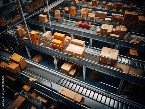 A birdseye view of countless pieces of merchandise slowly moving down a conveyor belt towards a large automatic sorting machine.