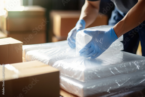 Worker packing boxes with packing materials and bubble wrap to protect shipments.