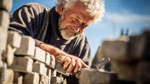 A middle aged stonemason takes a moment to admire his handiwork a large wall of blocks and stones almost complete. His face is a picture of satisfaction one of the many joys of the craft