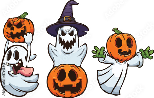 Cartoon Halloween illustrations: ghosts, witch hats, and pumpkins