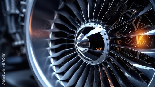 Turbofan engine, modern. A close-up of an aircraft's turbojet on a black background. the aircraft's turbofan engine blades. generative ai