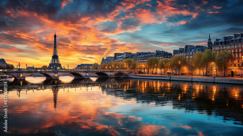 Seine River reflecting the lights of Paris at twilight