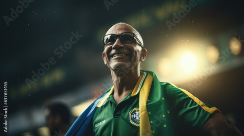 A man smiling full length with a brazilian flag on brazil independence day.