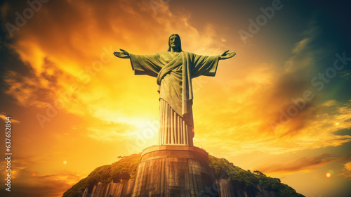 Jesus Christ with open arms against the setting sun in honor of Brazil's Independence Day.