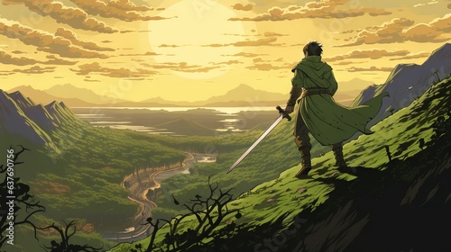 A anime scene of a man slashing a sword on a green hill - silhouette of a person in the mountains