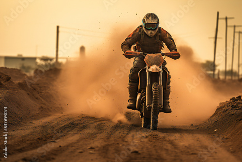 Motocross rider on a dirt track in the rays of the setting sun