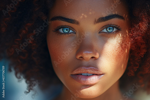 Close up of beautiful afro american woman with dark skin and unusual light colored blue eyes