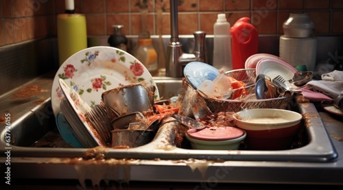 Dirty dishes in a kitchen sink with dirty utensils