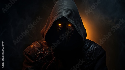 Enigmatic hooded figure with hidden face in dark shadows, dynamic male persona, intense flames on black background - high-quality