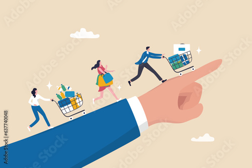 Affiliate marketing, promotion or customer invitation to buy product, loyalty reward program, advertising or marketing communication strategy, pointing hand with customer buy products shopping cart.