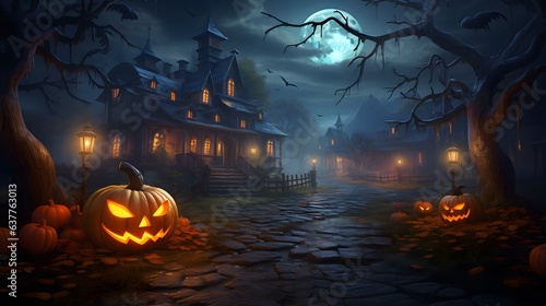 Halloween background with pumpkins and haunted house - 3D render. Halloween background with Evil Pumpkin. Spooky scary dark Night forrest. Holiday event halloween banner background concept 