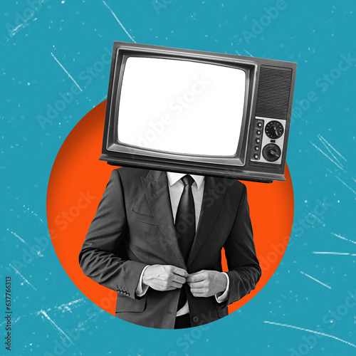 Business man with retro TV instead of head on blue background, surrealism