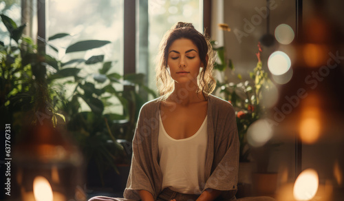 Young woman practicing guided meditation at home for mental health - AI Generated