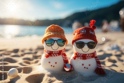 Two Sandy Christmas Snowmen are celebrating Christmas on a beautiful beach. Generative AI.