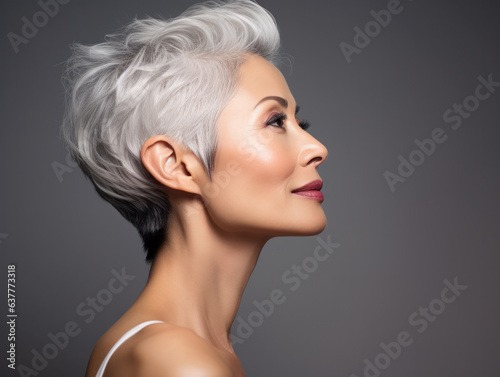 Beautiful and confident older Asian woman with grey pixie haircut. Mature haircut on fine hair. Concept of natural and positive ageing. 