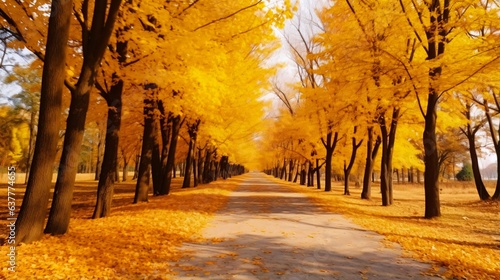 黄色く紅葉するイチョウ並木、道路に積もる秋の落ち葉